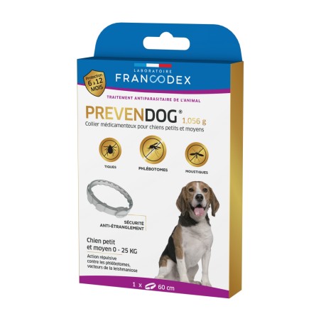 Collier antiparasitaire chien PREVENDOG FRANCODEX petit chien et chien moyen de 0 à 25kg