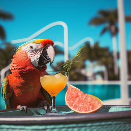 Perroquet à la piscine avec cocktail